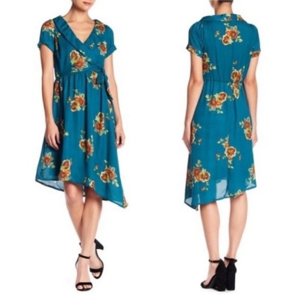 Superfoxx Asymmetrical Hem Floral‎ Print Dress Teal Medium - Picture 1 of 9